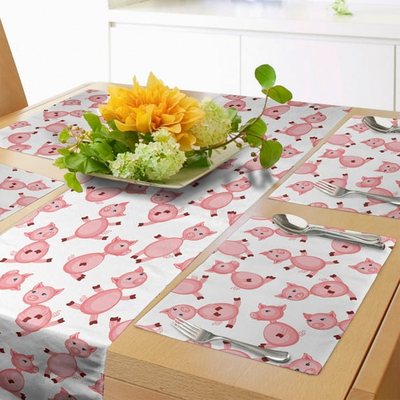 Ambesonne Pig Table Runner & Placemats, Cartoon Smiling Animals, Placemat 4 pcs + Runner 12"x90", Pale Pink White