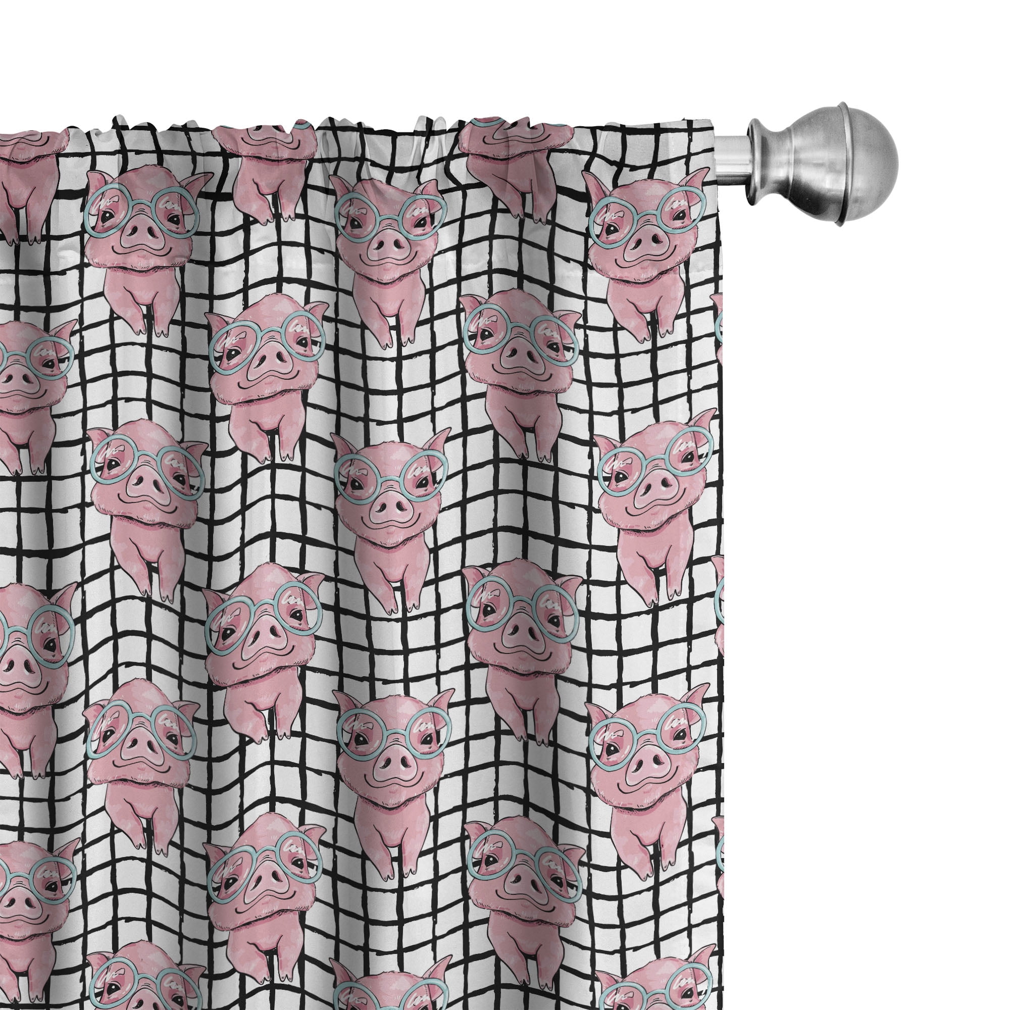 Ambesonne Piglet 4Panel Curtains, Nerdy Pigs and Squares, 56"x63