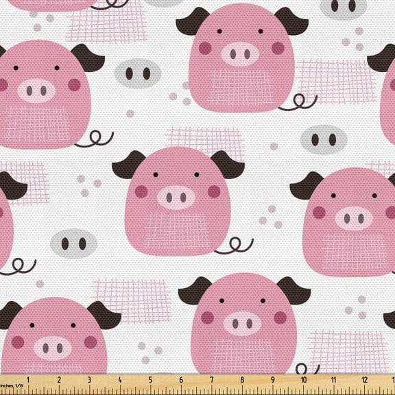 Ambesonne Piglet Fabric by the Yard Upholstery, Pigs Polka Dots Lines, 10 Yards, Grey Pink