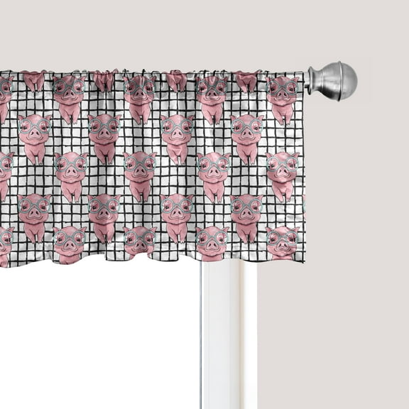 Ambesonne Piglet Window Valance, Nerdy Pigs and Squares, 42" x 12", Pink and Multicolor