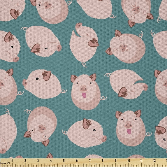 Ambesonne Pigs Fabric by the Yard Microfiber, Cartoon Piglets Composition, 1 Yard, Rose and Pale Petrol Blue