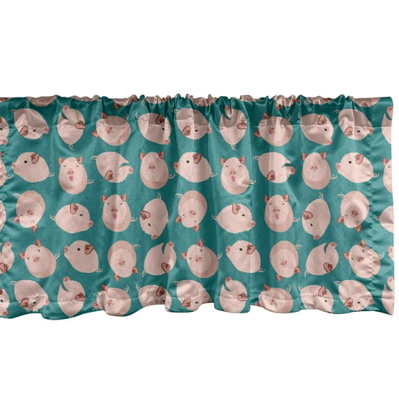 Ambesonne Pigs Window Valance, Cartoon Piglets Composition, 54" X 12", Rose and Pale Petrol Blue