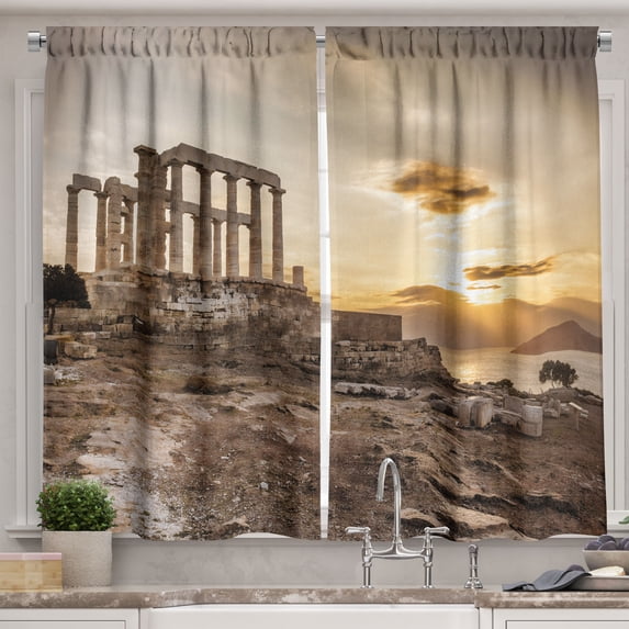 Ambesonne Pillar Kitchen Curtains, Greek Buildings Poseidon, 55"x45", Beige Taupe