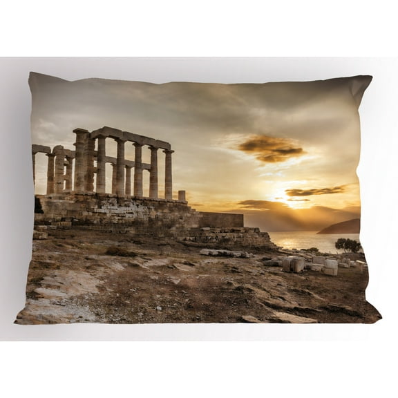 Ambesonne Pillar Pillow Sham, Greek Buildings Poseidon, 26" X 20", Beige Taupe