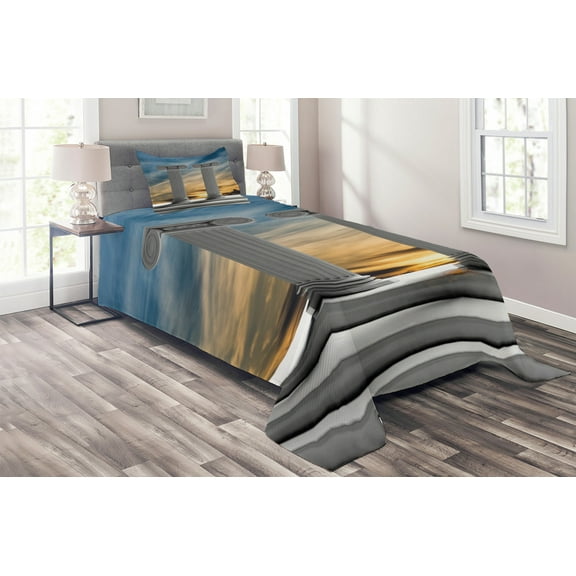 Ambesonne Pillar Quilted Coverlet 2 Pcs, Marble Pillars, Twin Size, Blue Pale Grey