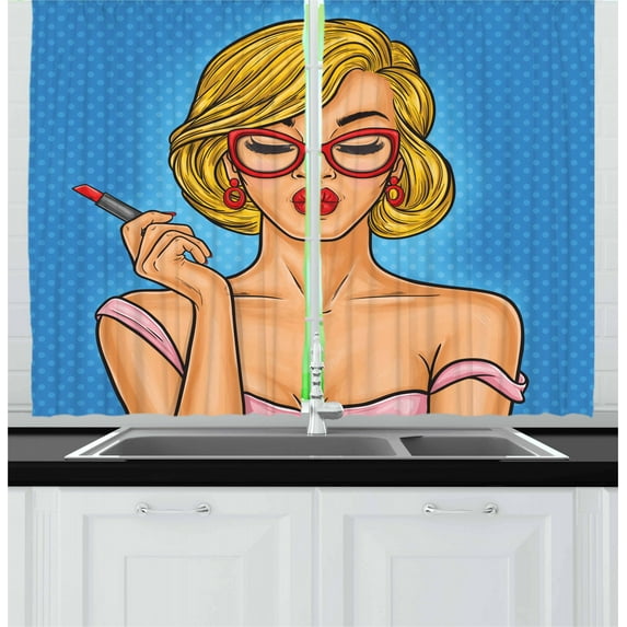 Ambesonne Pin up Girl Kitchen Curtains, Red Cat Eyeglasses, 55"x39", Multicolor