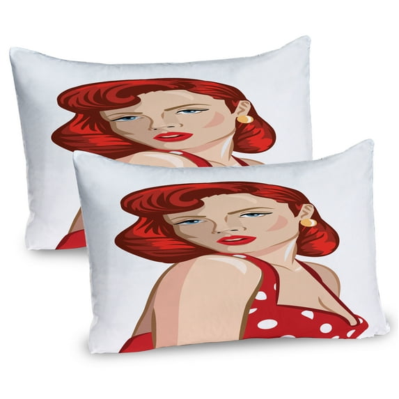 Ambesonne Pin up Girl Pillow Sham 2 Pack, Rolled Hair Ginger, 30"x20", Pale Peach Scarlet