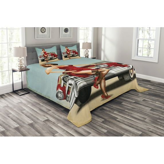 Ambesonne Pin up Girl Quilted Bedspread Set 3 Pcs, Dutch Haircut Style, Queen Size, Multicolor