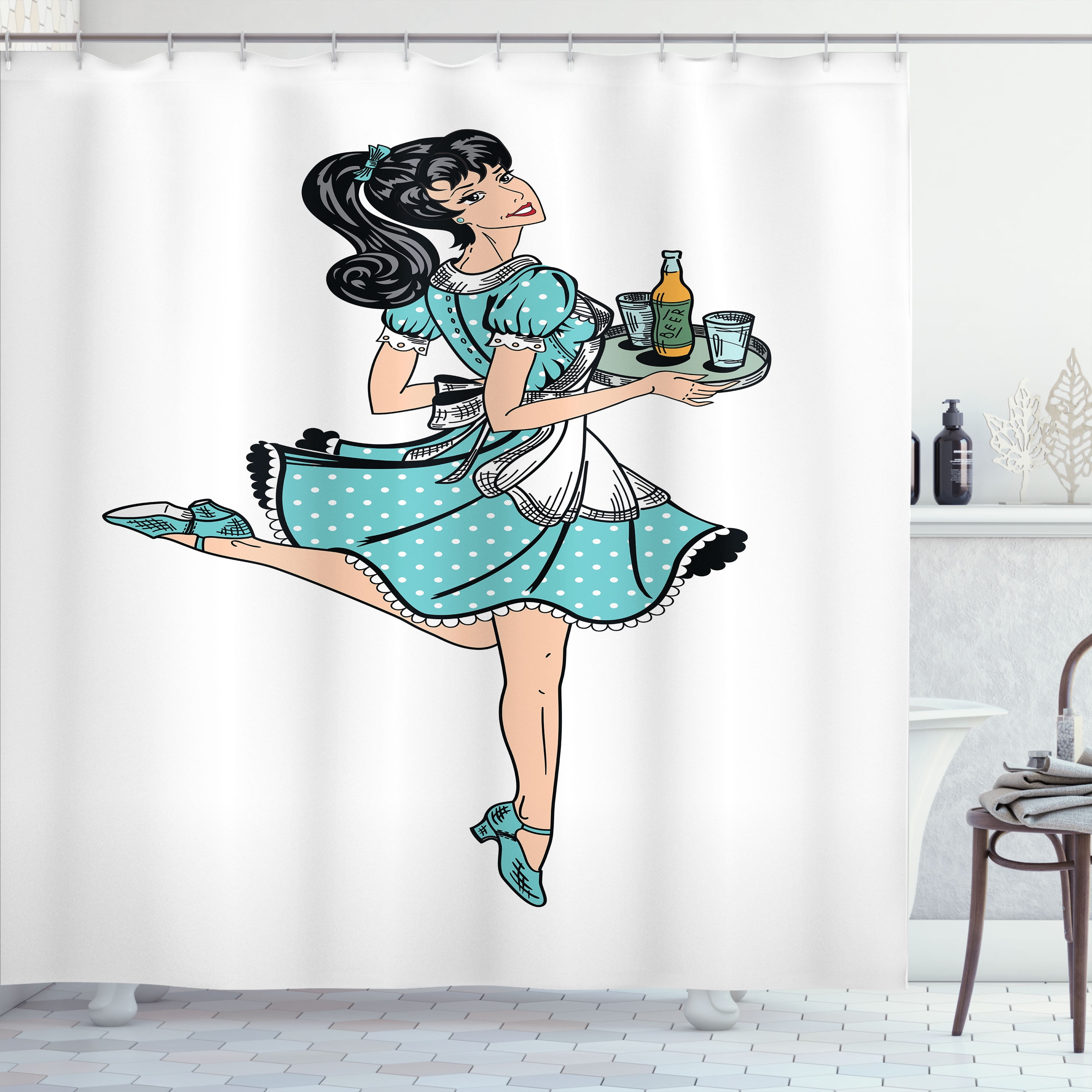 Ambesonne Pin up Girl Shower Curtain, Pony Tail Waitress, 69"Wx70"L, Seafoam and Pale Peach