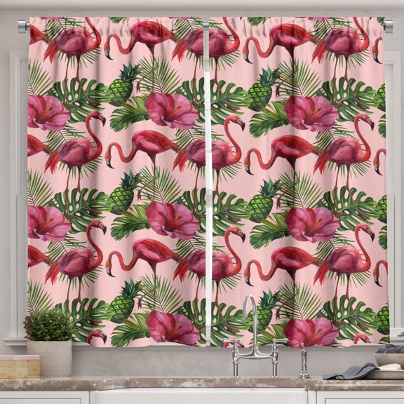 Ambesonne Pinas Kitchen Curtains, Flamingo Pineapple Flower Art, 55"x24", Blush Apple Green and Ruby
