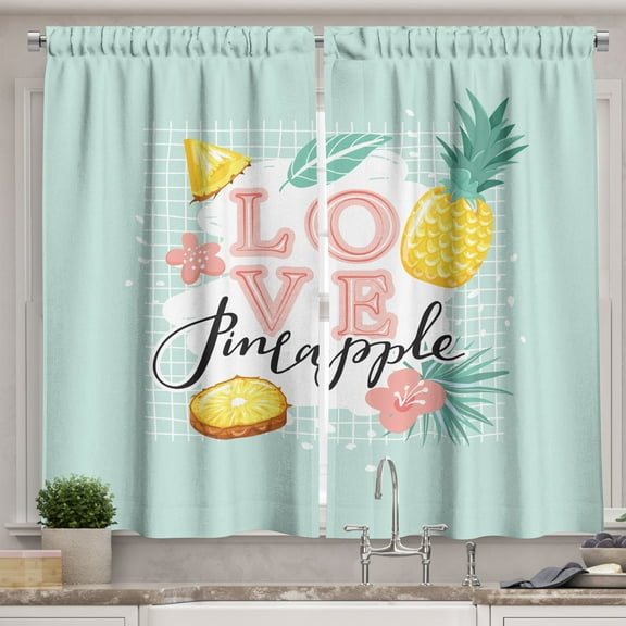 Ambesonne Pinas Kitchen Curtains, Love Pineapple Style Drawing, 55"x39", Mint Green Mustard and Pink