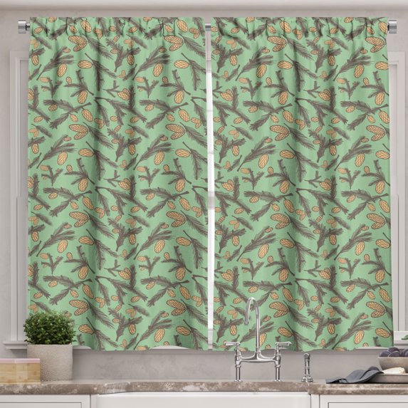 Ambesonne Pine Cone Kitchen Curtains, Spring Season Plant Leaf, 55"x39", Umber Camel Reseda Green