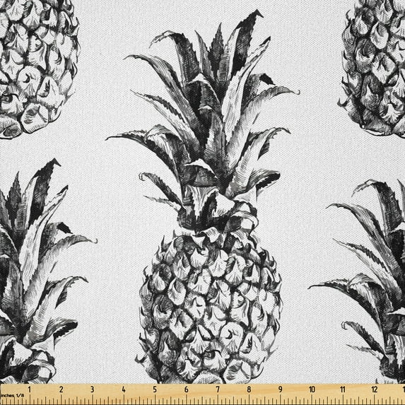 Ambesonne Pineapple Fabric by the Yard Microfiber, Vintage Fruit, 10 Yards, Black Grey White