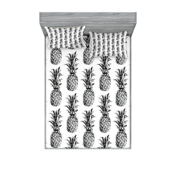 Ambesonne Pineapple Fitted Sheet & Pillow Sham Set, Vintage Fruit, Full, Black Grey White
