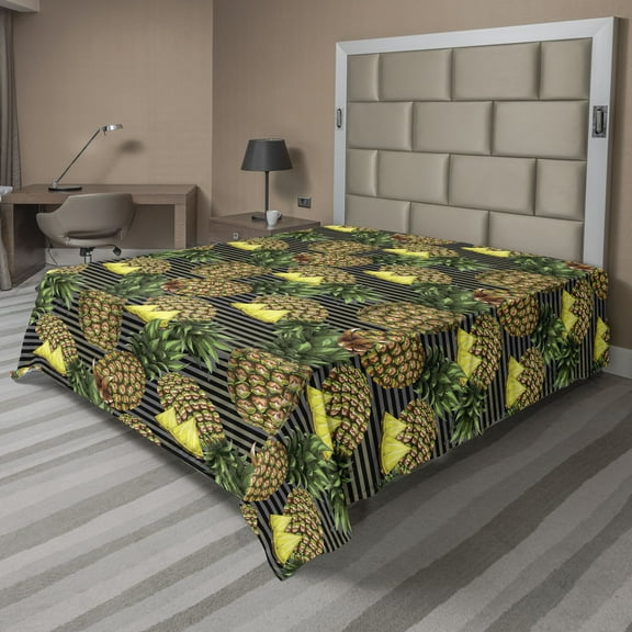 Ambesonne Pineapple Flat Bedding Sheet Soft Top Sheet, Tropical Fruit Summer Art, California King, Mustard Olive Green and Dusk