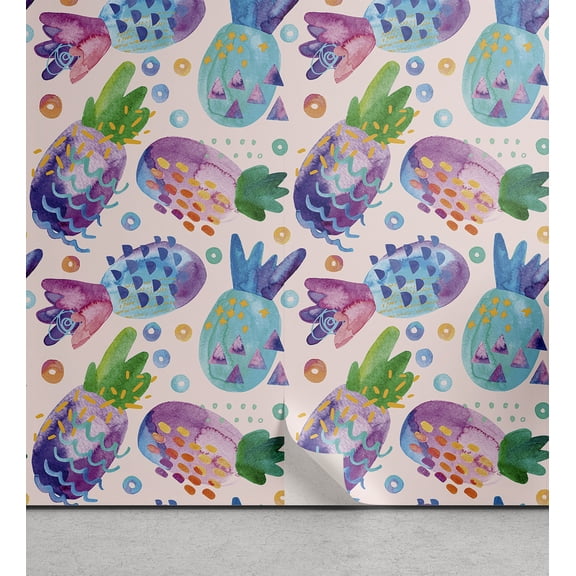Ambesonne Pineapple Peel & Stick Wallpaper for Home, Summer Memphis Fruit Art, 13"x36", Pale Pink Dark Indigo