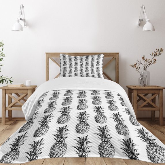 Ambesonne Pineapple Quilted Bedspread Set 2 Pcs, Vintage Fruit, Twin Size, Black Grey White