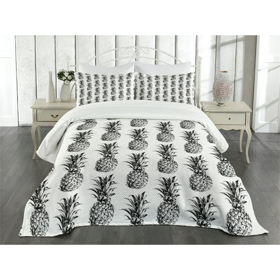 Ambesonne Pineapple Quilted Bedspread Set 3 Pcs, Vintage Fruit, King Size, Black Grey White