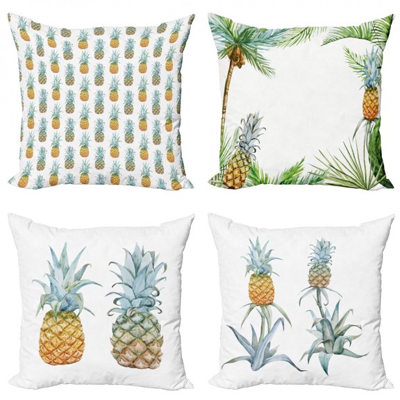 Ambesonne Pineapple Throw Pillow Cover 4 Pack, Watercolor Exotic Fruit, 16", Mustard Pale Teal and Green