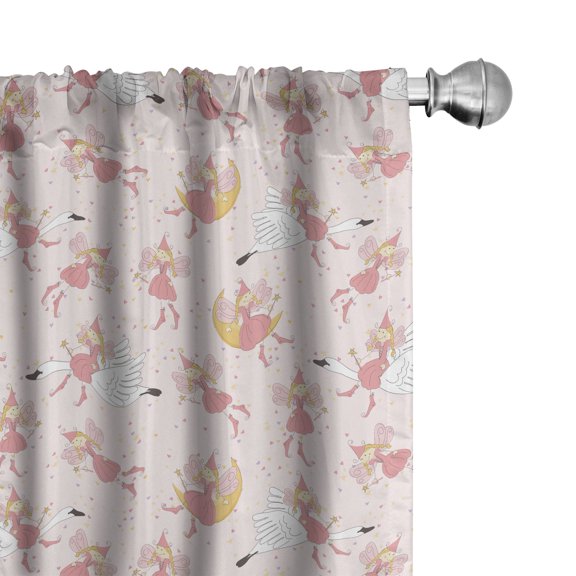 Ambesonne Pink Window Curtains, Flying Dreamy Swan Moon Art, Each 28" W x 84" L, Earth Yellow Pink and Rose