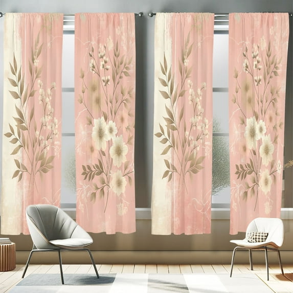 Ambesonne Pink 4-Panel Curtains, Leafy Floral Modern Grunge, 56"x63", Blush Dark Mustard