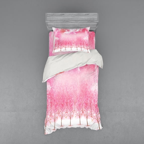 Ambesonne Pink Bedding Set 3 Pcs, Cherry Trees Feathers, Twin, Pale Pink White