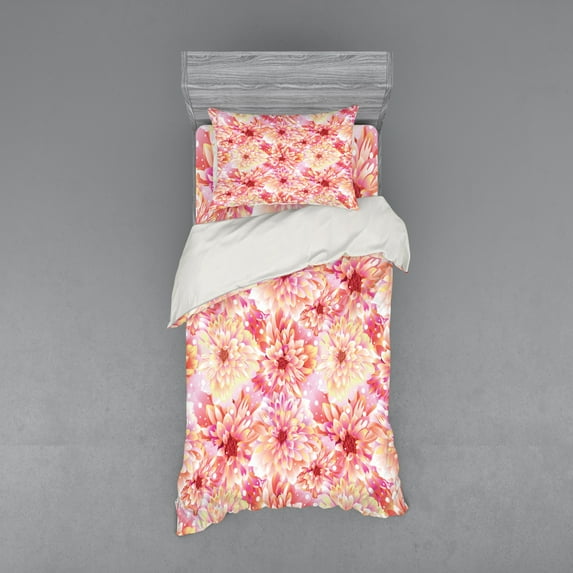 Ambesonne Pink Bedding Set 3 Pcs, Dahlias Floral, Twin XL, Pink Yellow