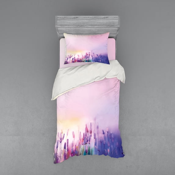 Ambesonne Pink Bedding Set 3 Pcs, Lavender Violet Flowers, Twin, Lilac Purple