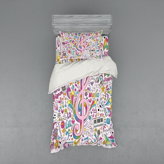 Ambesonne Pink Bedding Set 3 Pcs, Music Clef Groovy Doodles, Twin XL, Multicolor