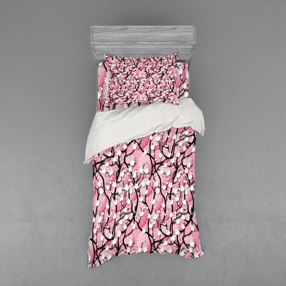 Ambesonne Pink Bedding Set 3 Pcs, Sakura Tree Umbrellas, Twin, Black Pink