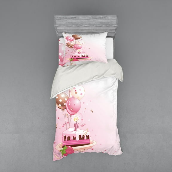 Ambesonne Pink Bedding Set 3 Pcs, Strawberry Cake Balloons, Twin, Pink Tan Cream