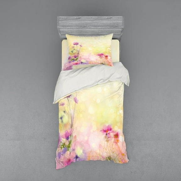 Ambesonne Pink Bedding Set 3 Pcs, Vintage Magnolia Blooms, Twin XL, Pink Pale Yellow