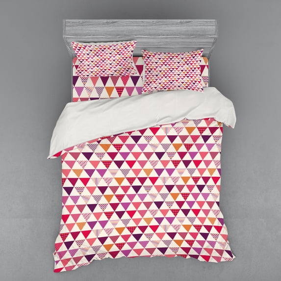 Ambesonne Pink Bedding Set 4 Pcs, Geoemetric Triangles Dots, Queen, Multicolor