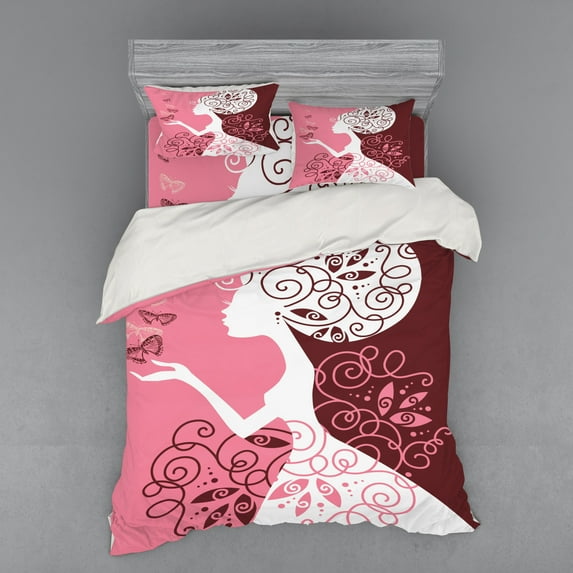Ambesonne Pink Bedding Set 4 Pcs, Girl Butterflies Flowers, Queen, Pale Pink Maroon White
