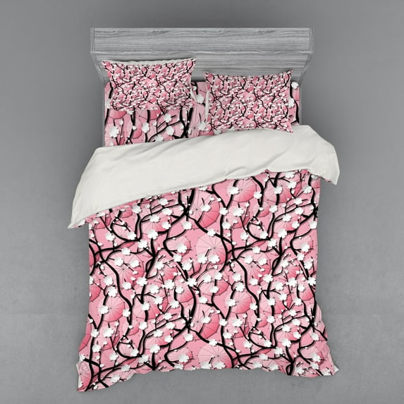 Ambesonne Pink Bedding Set 4 Pcs, Sakura Tree Umbrellas, Queen, Black Pink