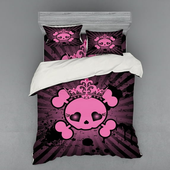 Ambesonne Pink Bedding Set 4 Pcs, Skull Grunge Pop Art, Queen, Pink Black
