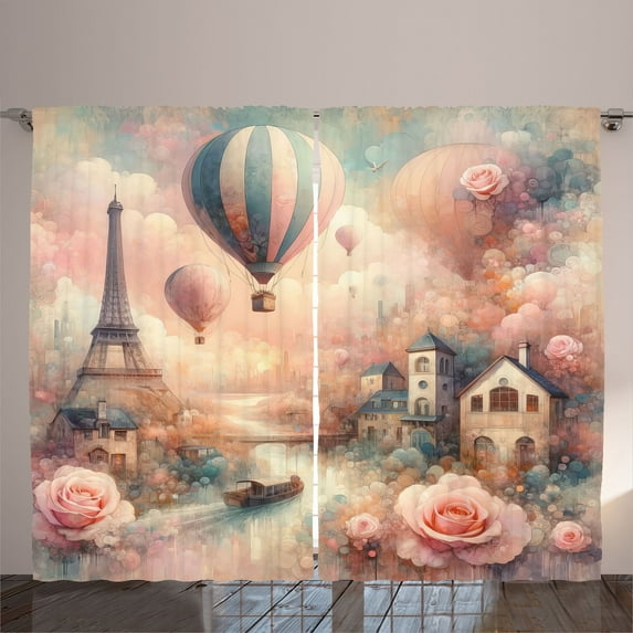 Ambesonne Pink Curtains 2 Panel Set, Blush Tone Dreamy Paris Print, 108" x 63", Rose Pale Seafoam Ecru