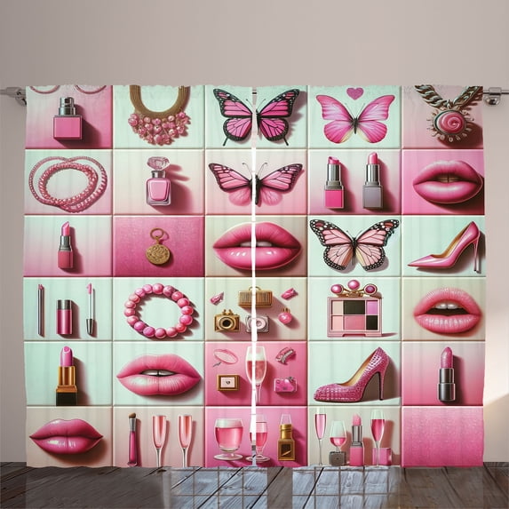 Ambesonne Pink Curtains 2 Panel Set, Feminine Fashion Squares Art, 108" x 63", Pale Mint Green