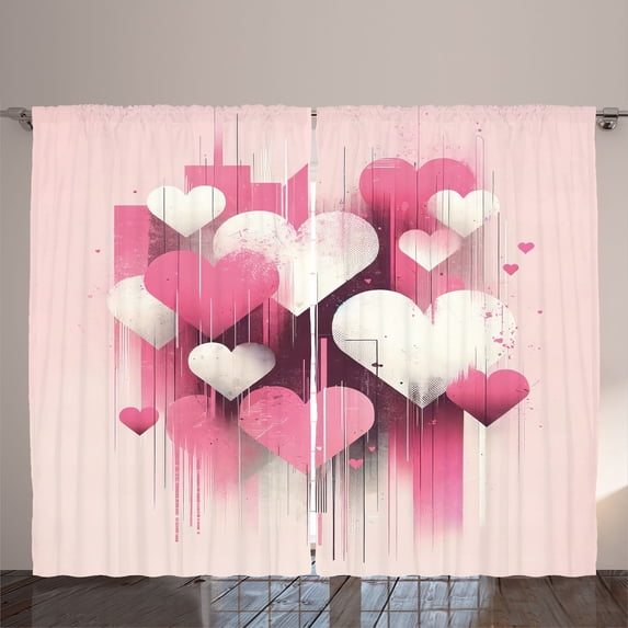 Ambesonne Pink Curtains 2 Panel Set, Futurist Love Hearts Lines Art, 108" x 90", Pale Rose Ivory