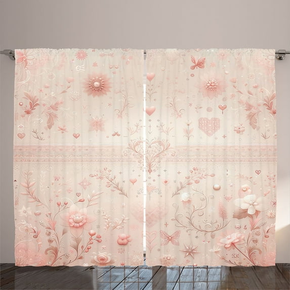 Ambesonne Pink Curtains 2 Panel Set, Vintage Floral Art Cottagecore, 108" x 96", Pale Salmon Dried Rose