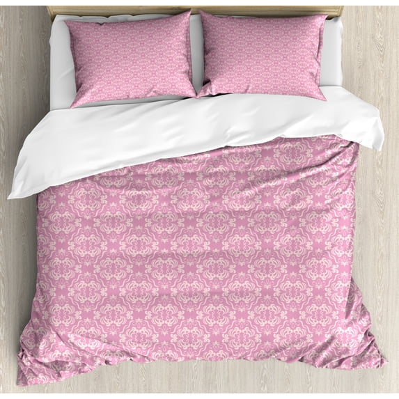 Ambesonne Pink Damask Duvet Cover Set, Abstract Curvy Romantic, 2-Calking, Pale Pink Pale Eggshell
