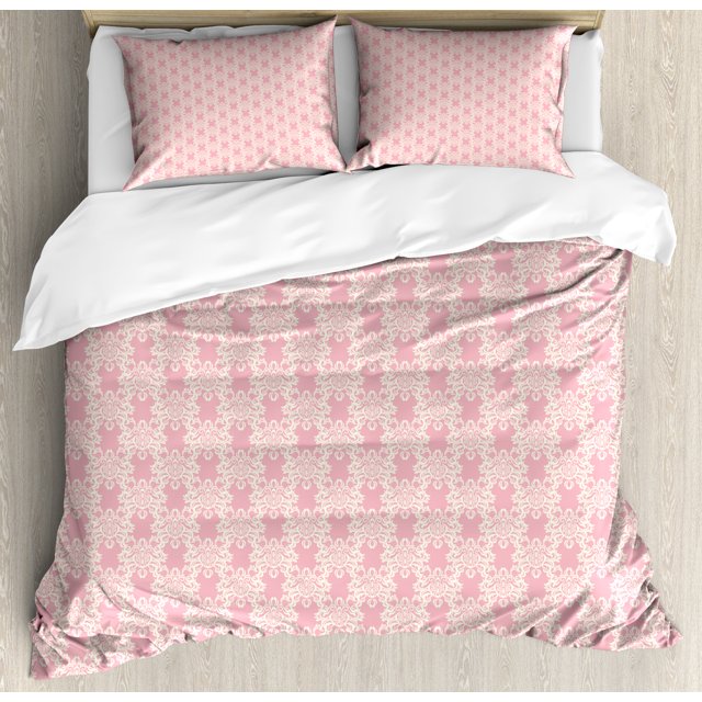 Ambesonne Pink Damask Duvet Cover Sets, Nostalgic Victorian, 2-King, Pale Pink and Ivory