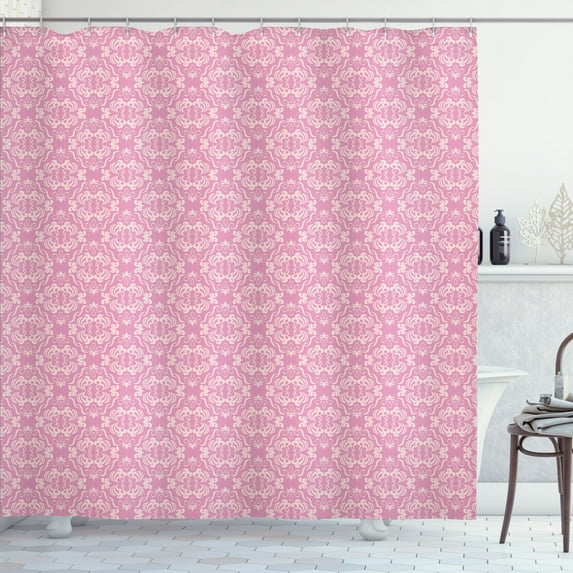 Ambesonne Pink Damask Shower Curtain, Abstract Curvy Romantic, 69"Wx84"L, Pale Pink Pale Eggshell
