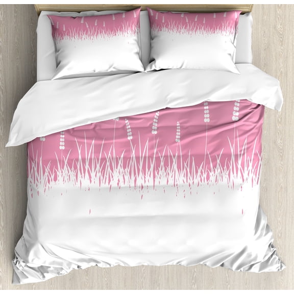 Ambesonne Pink Duvet Cover Set, Bushes and Wheat Field, 2-Calking, Hot Pink and White