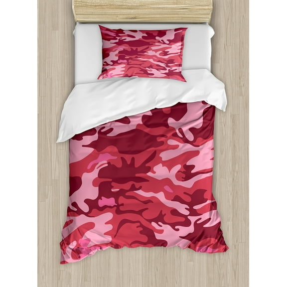Ambesonne Pink Duvet Cover Set, Camo Texture Autumn Theme, Twin, Dark Coral Pale Pink