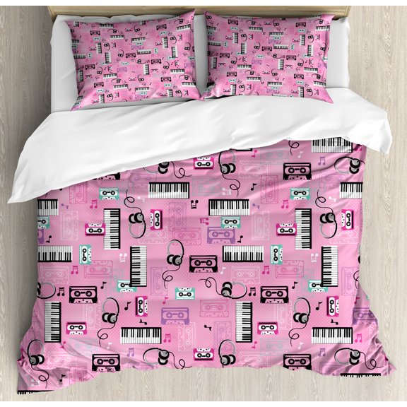 Ambesonne Pink Duvet Cover Set, Music Theme Vintage Retro, 2-Calking, Pink