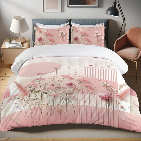 Ambesonne Pink Duvet Cover Set, Pastel Harmony Wildflowers, Calking, Rose Khaki and Off White
