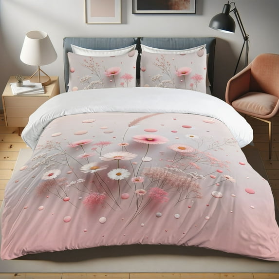 Ambesonne Pink Duvet Cover Set, Playful Dots Around Flowers, Twin, Pale Rose