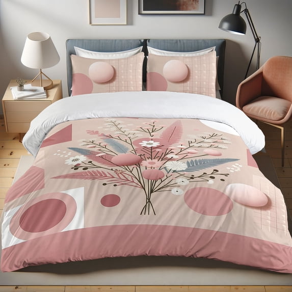 Ambesonne Pink Duvet Cover Set, Romantic Boho Floral Geometric, Calking, Dried Rose and Slate Blue