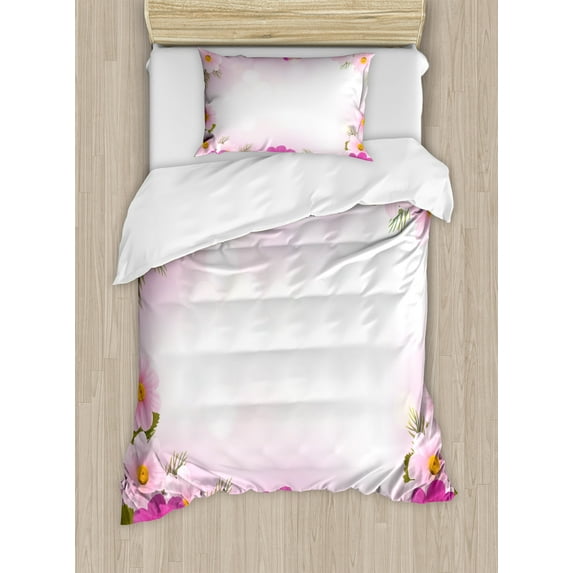 Ambesonne Pink Duvet Cover Set, Romantic Daisies Framework, Twin, Pink Pale Pink Green